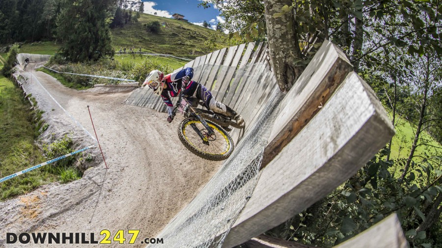 Tracey Hannah railing one of the wooden features on the track.