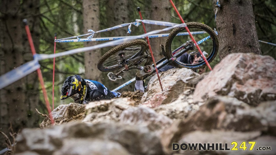 A season ending moment for Danny Hart, over the bars into the rocks cutting up his hands and yes he was wearing gloves!