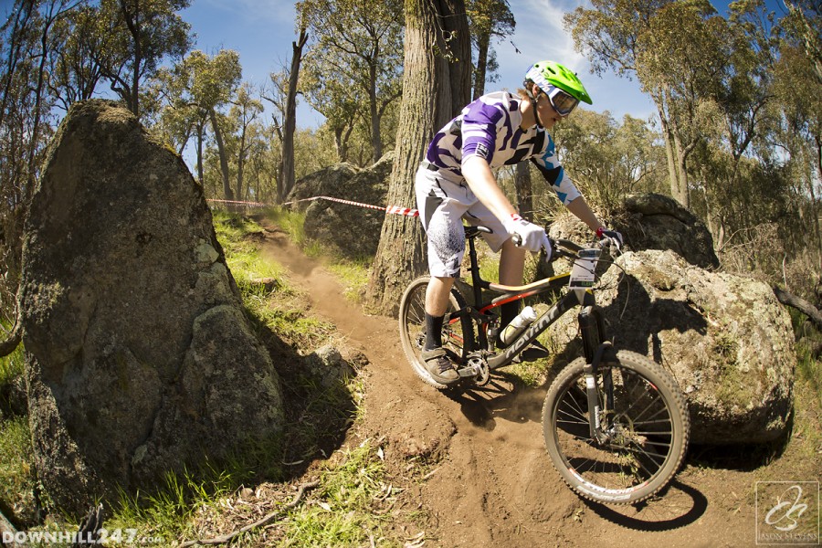 Dean Lucas navigates through the rocky shoot mid track.