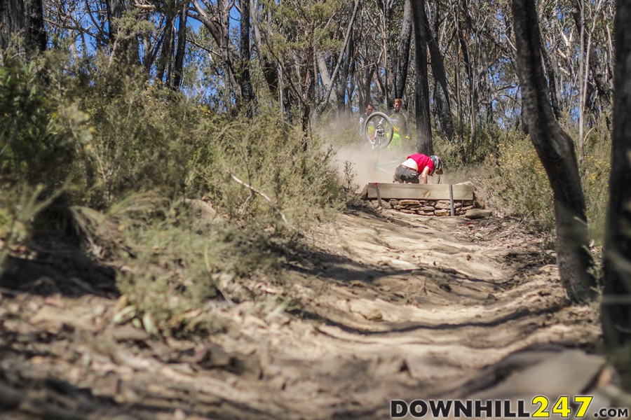 The medics were busy tending to riders' cuts and scrapes after losing it in the brown pow, on the rocks.