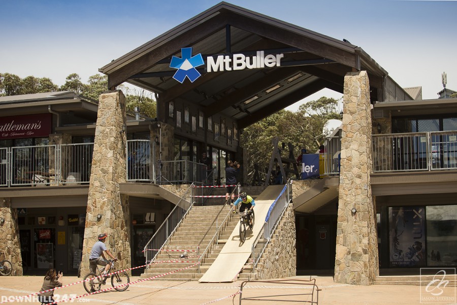 A different kind of start gate with an urban feel, as riders departed through Mt. Buller Village before dropping into the lush wilderness.