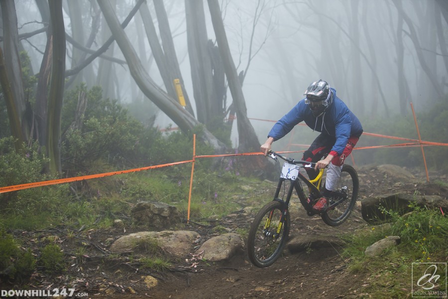 Dean Lucas cuts through the dense fog early Saturday morning.