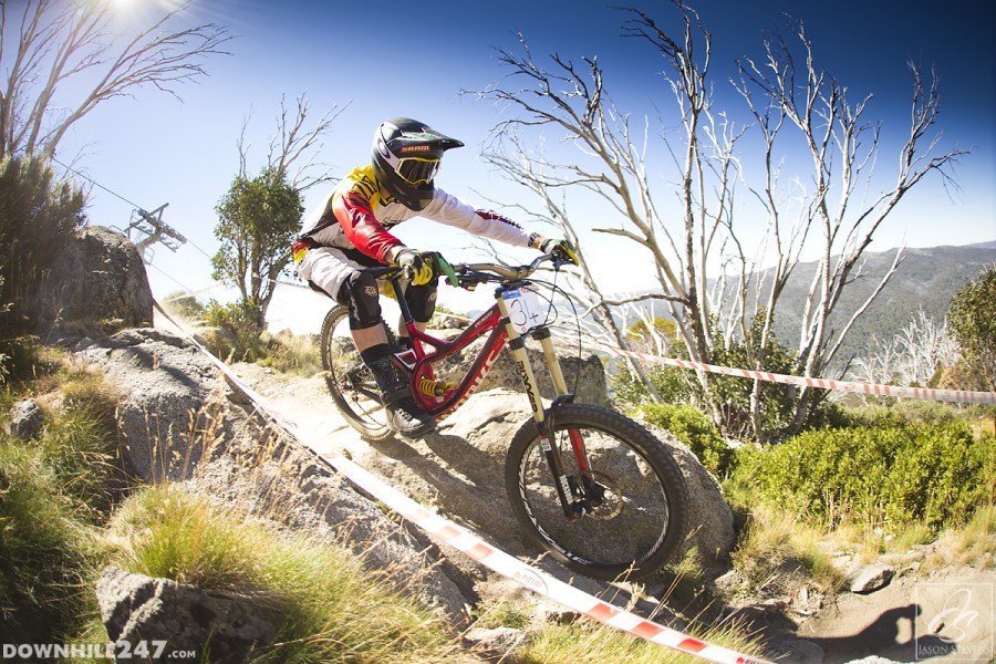 Rhys Atkinson up to speed through one of Thredbo's rock gardens. Despite mostly smooth rocks, many flats were felt this weekend! 