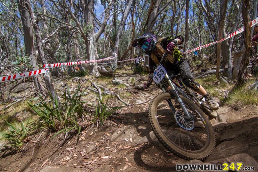 Shelly Flood has a strong hold on her confidence this year, seen here railing a rocky berm near the top of the track. What will the Elite women's podium look like? Time will tell.