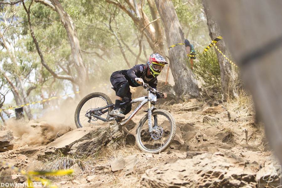 Sam Brownlie shows everyone how not to do it, but stays upright and on the bike.