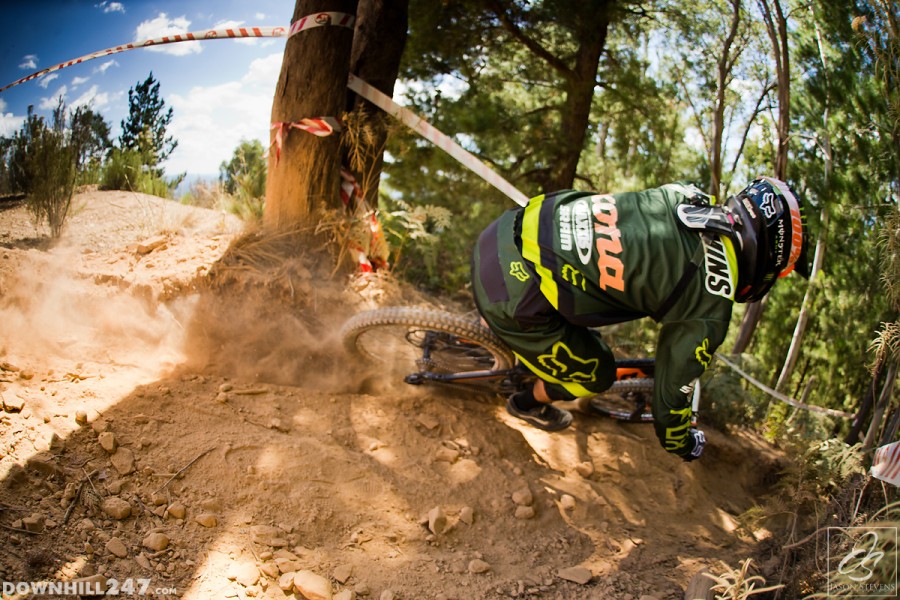 Riders charged straight down the fireroad into this tight right-hander with a lot of speed.