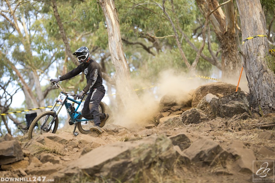 Luke Ellison decides its easier to run through the rock garden.