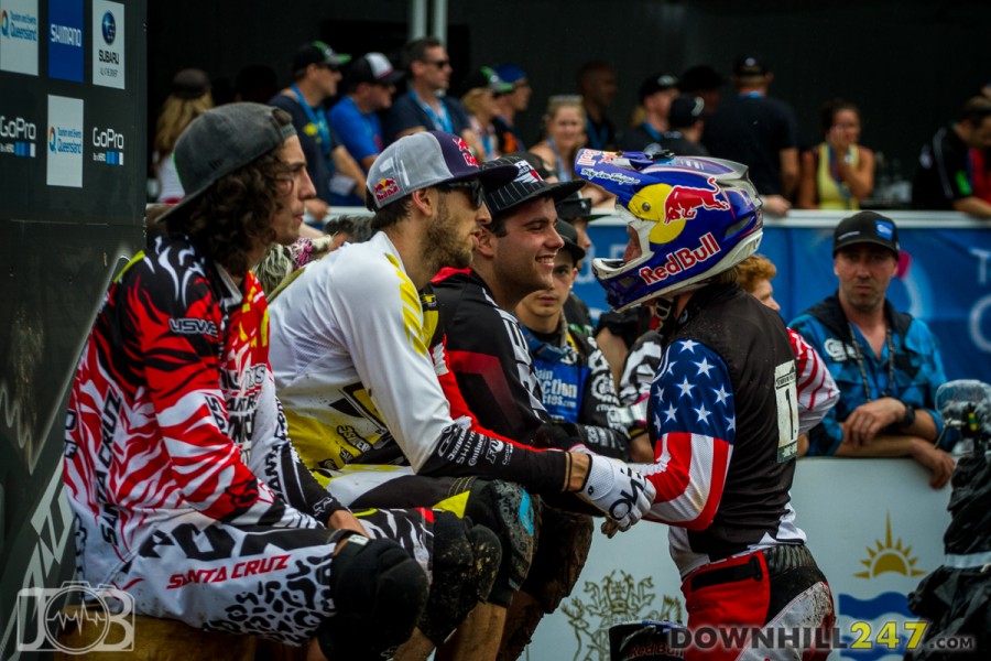 Gwin, 4th congratulates fellow USA rider Neko Mulally in the 3rd place on the hot seat podium.