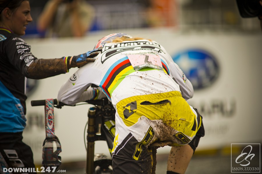 Rachel Atherton just after finishing the line.