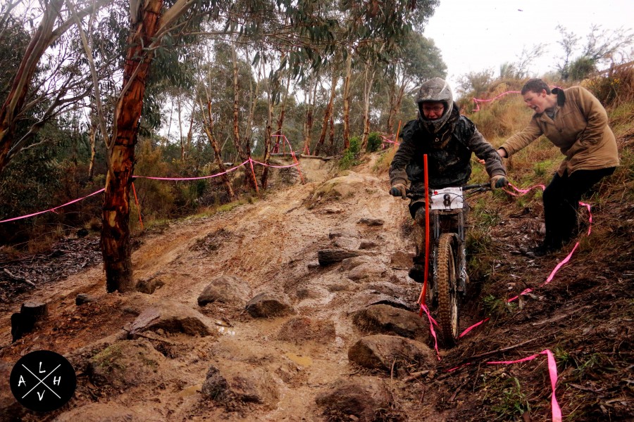 Wet and slippery conditions had riders looking at all the lines, event the illegal ones... Oh Scotty!