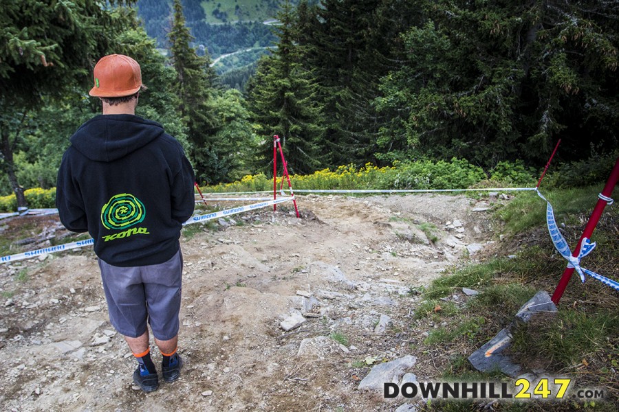 Andrew Crimmins checking out the line, like many riders the Kona team had a mission to get across from Whistler to this race here in France.