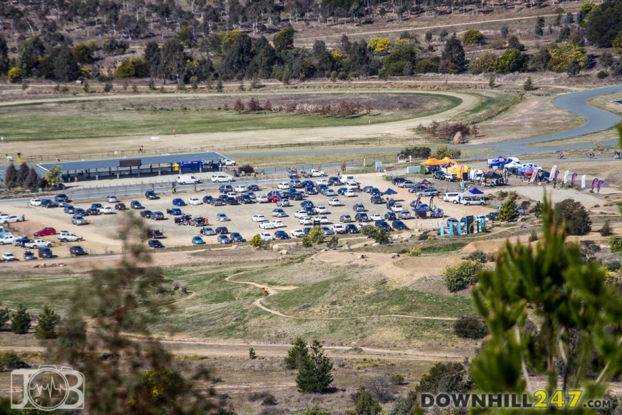 The event centre from near to the top of the trails. Just under 200 riders and another event in the park had the carpark at capacity. The event hosted many stores and sponsors including DHARCO, Knolly Bike, and long time Rocky Trail sponsors JetBlack Racing.