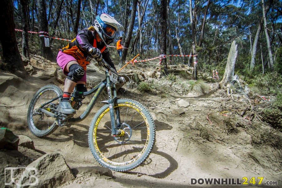 Sarah Booth grips the series with another win in Lithgow aboard Kona, here she tackles Mega Thunder switchbacks with apparent ease...