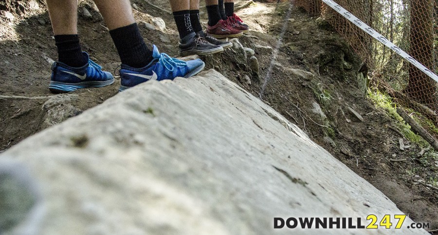 Of course the track isn't all just bike park corners and jumps, it has some teeth! The shoes should indicate just how big some of the rocks here are, this one goes well out of the frame of the picture too...