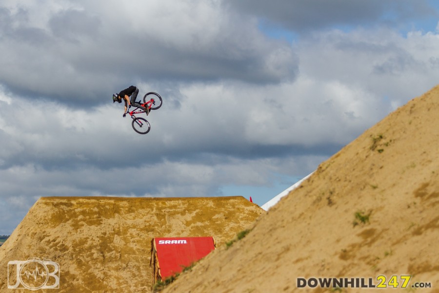 The slopestyle guys seem in their element despite the enormity of the jumps they are doing.