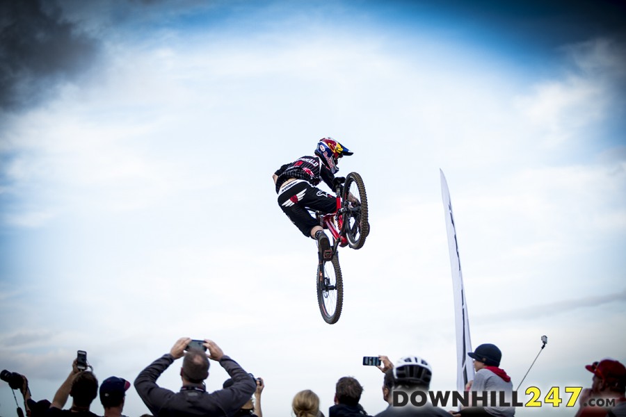 Brook MacDonald was one of the only riders who wasn't pedalling straight at the jump, he was hitting a corner before it then cranking in,fair play Brook!