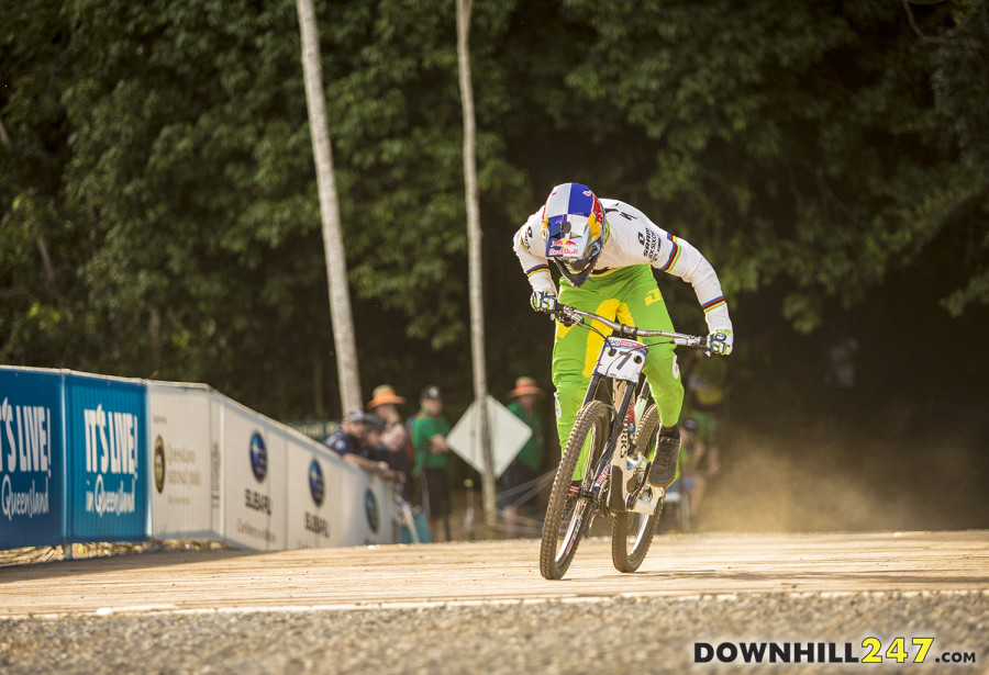 Loic Bruni charging for the line and his first world cup victory.
