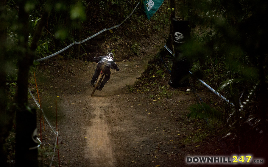 The wooded sections were quite dark when the clouds rolled over throughout the day, Troy Brosnan laying down a top 5 time in timed training.