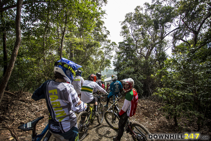 Riders at the top before they drop in and start their runs...