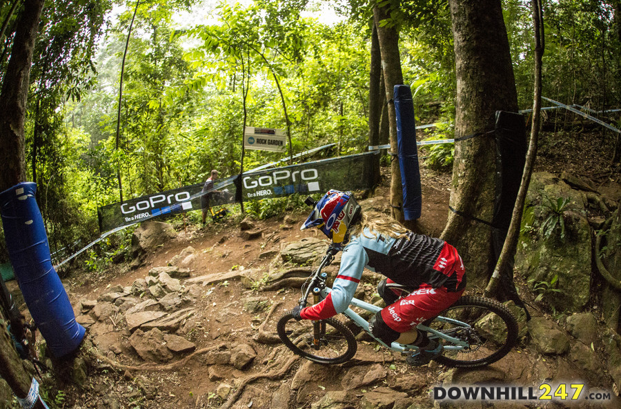 Rachel Atherton taking on the course early in the day.
