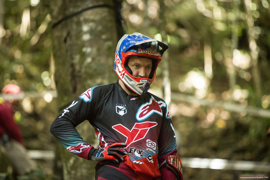 Aaron Gwin having a good long hard look at the rock garden, he showed some good speed on other sections of the track.